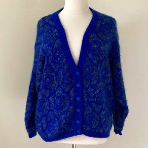 Vintage Benetton Cardigan Blue with Grey Chunky Oversize Sweater Mohair Blend